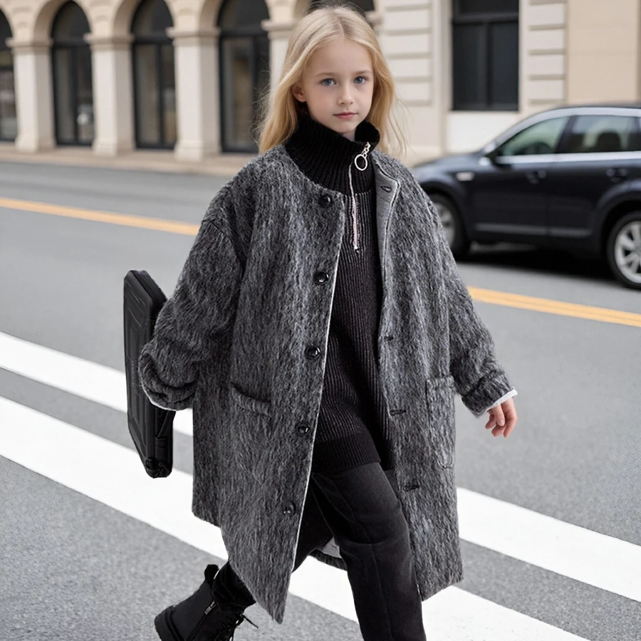

2026 New Teens Kids Winter Thick Wool Coat Boys Girls Cotton Padded Long Gray Coat Children's Trench Jacket Fashion Outerwear