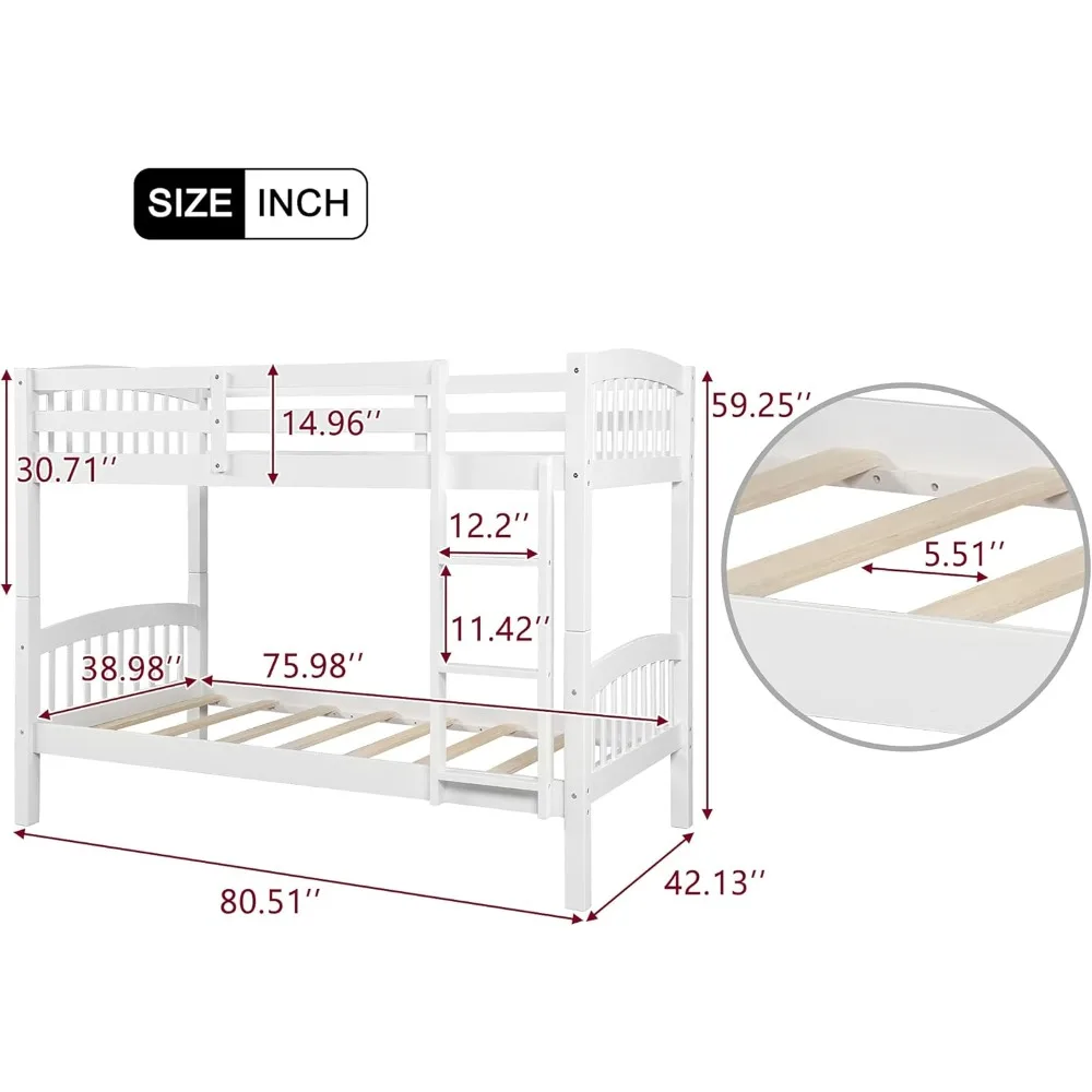 트윈오버 트윈 벙커침대 사다리, 나무 벙커침대 프레임, 나무 슬랫 지지대, 박스 용수철 필요 없음 (흰색)