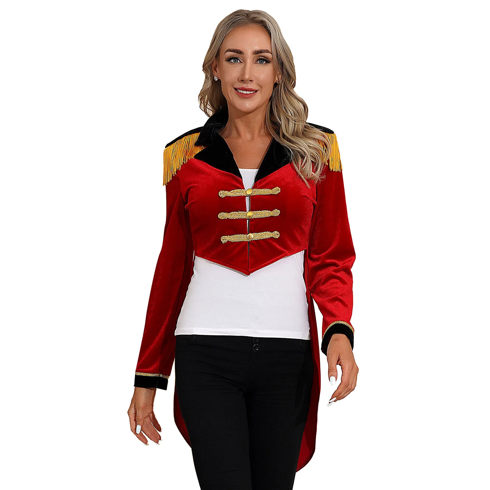 Womens Ringmaster Tailcoat Cosplay Coat Circus Magic Show Stage Performance Outwear Color Block Lapel Long Sleeve Velvet Coat