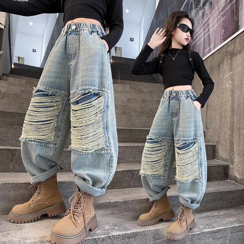 

Girls Vintage Ripped Jeans for Children Fashion High Waist Spring Autumn Broken Hole Wide Leg Pants Teenage Kids Denim Trousers