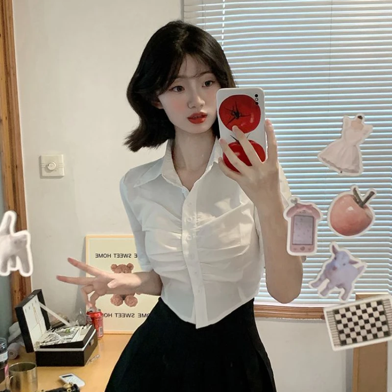 White Shirts Women Sexy Crop Tops Fashion Folds Short Sleeve Tunic Y2k Kroean Style Cloth Ins JK Blusas Mujer All-match Elegant