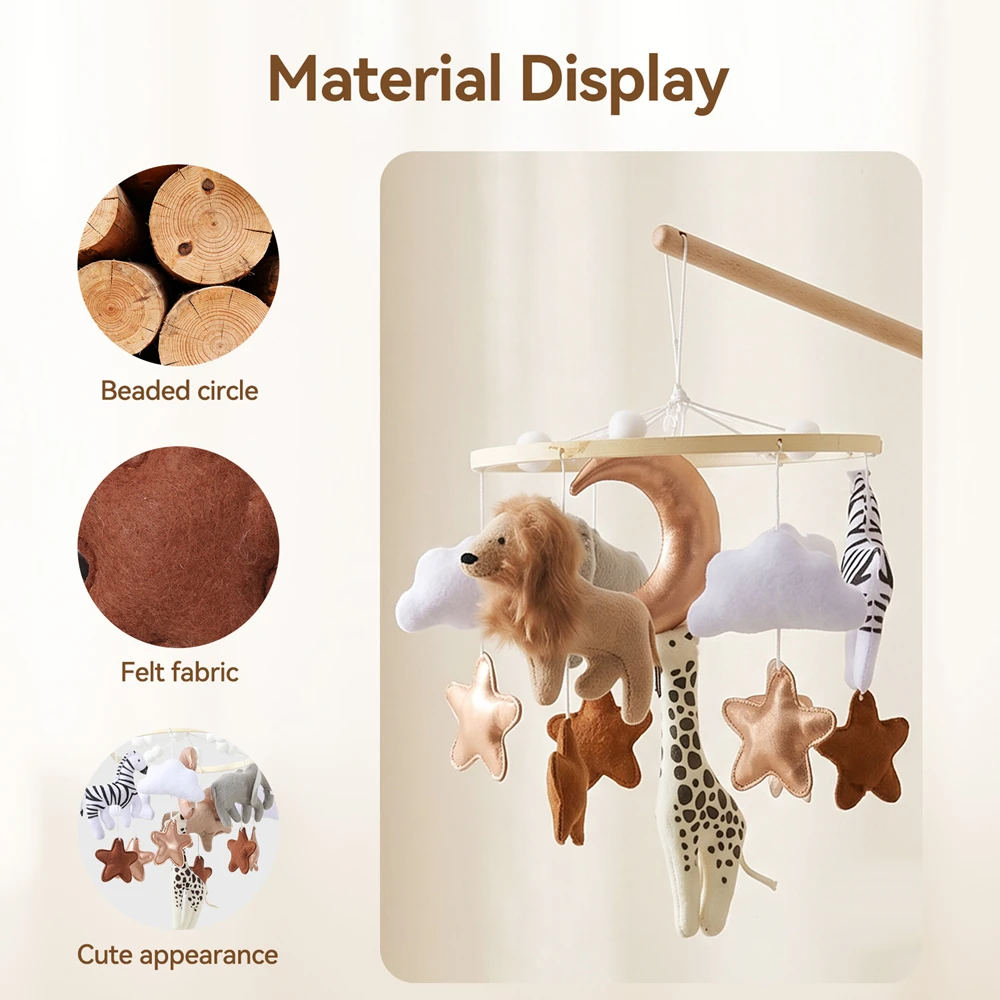 Baby Crib Baby Toys Gift Mobile Felt Animals Built in Bells 360 Degree Rotation Wooden Hanging Toy for Visual Tracking Newborn