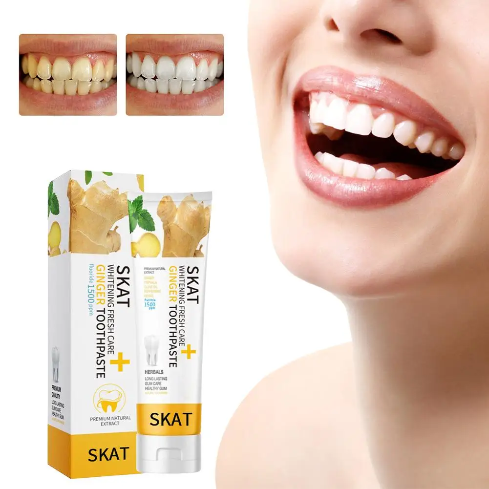 Pasta de dientes blanqueadora con esencia de jengibre, blanqueadora, manchas brillantes, dientes frescos y blanqueadora, pasta de dientes, aliento X7J5, 50g