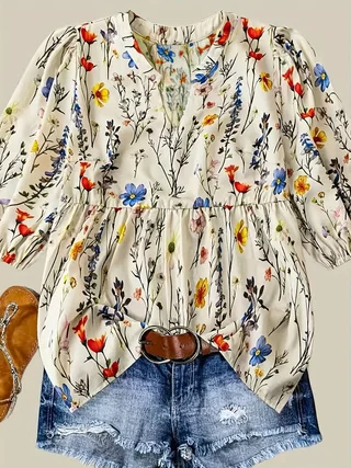 بلوزة نسائية صغيرة الحجم برقبة على شكل حرف V وأكمام ثلاثة أرباع مطبوعة بالزهور منسوجة بالكامل بلوزة نسائية فضفاضة لطيفة غير رسمية #1