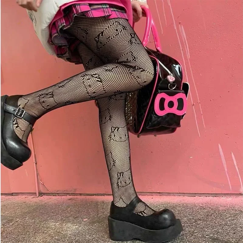 Cute Japanese Hello Kitty Fishing Net Socks Black Silk Stockings Women\'s Thin Spring and Autumn Anti-hook Silk Bottom Pantyhose