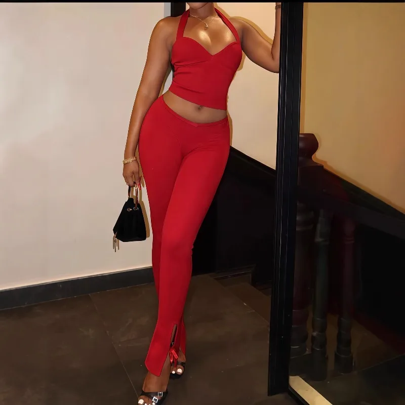 

Fitness Workout Slim 2 Piece Set Women Solid Tracksuits V Neck Lace Up Halter Tank Crop Tops + Skinny Pants Sexy Streetwear Suit