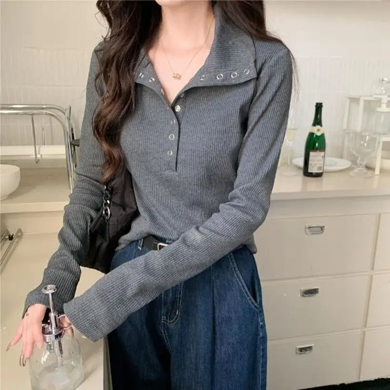 2024 Spring and Autumn Women\'s New Spliced Polo Collar Button Screw Thread Fashion Solid Color Slim Casual Long Sleeve Tops