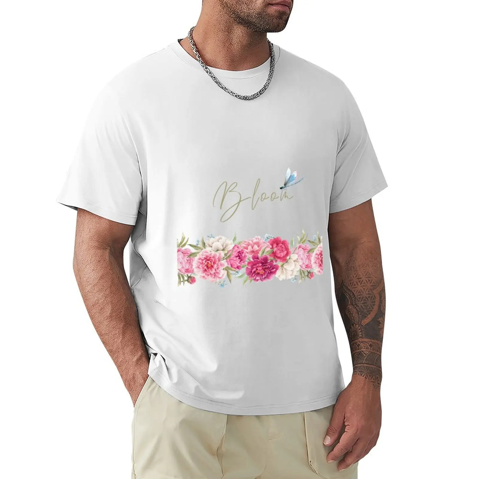 Pink and white peonies watercolor garland and blue dragonfly : spring illustration T-Shirt for a boy mens plain t shirts