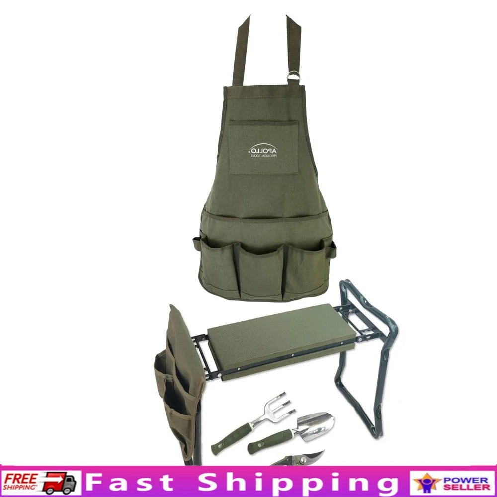 Tools 6 Piece Garden Set with Foldable Seat Adjustable to Kneeler Position Washable Green Apron with Deep Pockets and 3 Quality