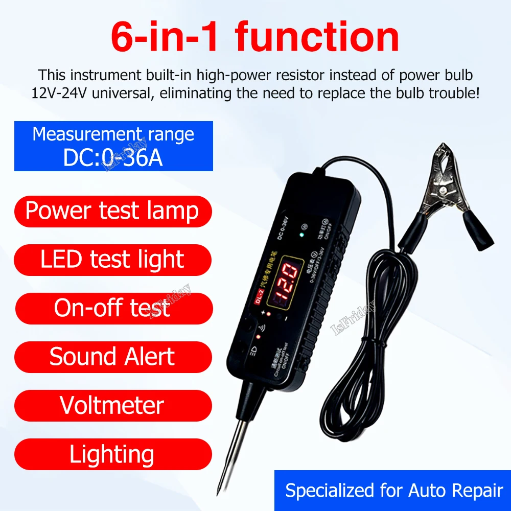 Aggiorna il nuovo Tester del circuito automatico DC 0-36V segnale del sensore di impulso del veicolo LED test della luce sonda della penna voltmetro