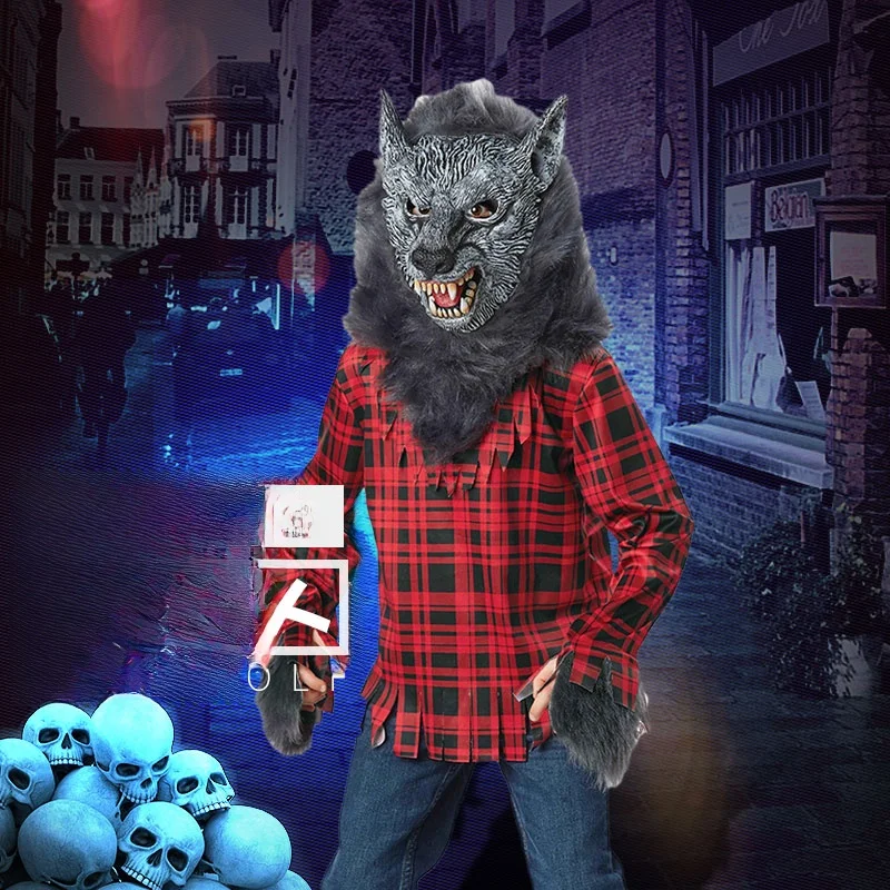 

New Halloween Children's Clothing Wolfman Checkered Cosplay Set Boys' Outfit Traditional Chinese Ethnic Stage Performance Wear