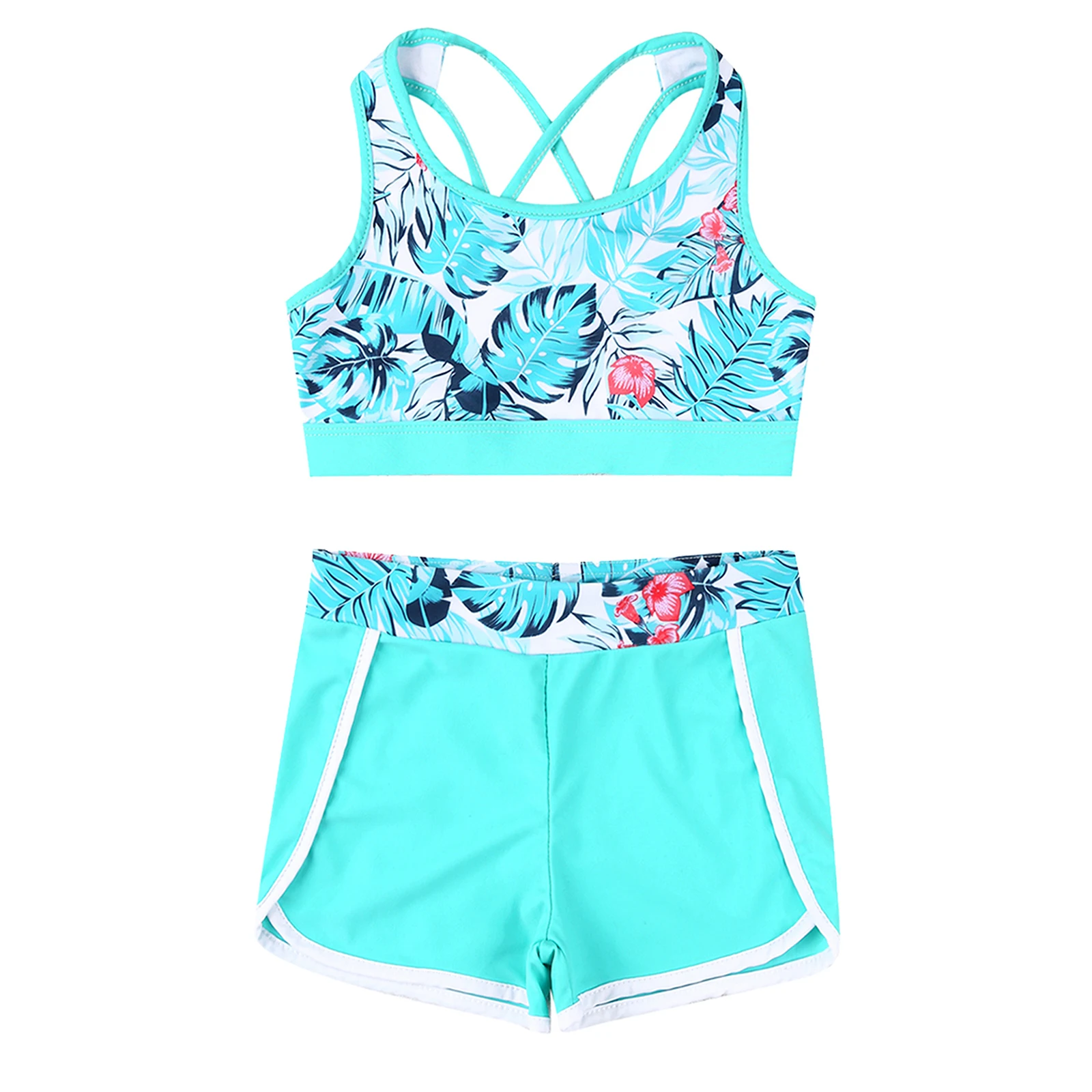 2Pcs Kids Girls Printed Swimsuit Outfit U Neck Strappy Back Crop Top with Boyshorts Shorts Bottoms Set Swimsuit Bathing Suit