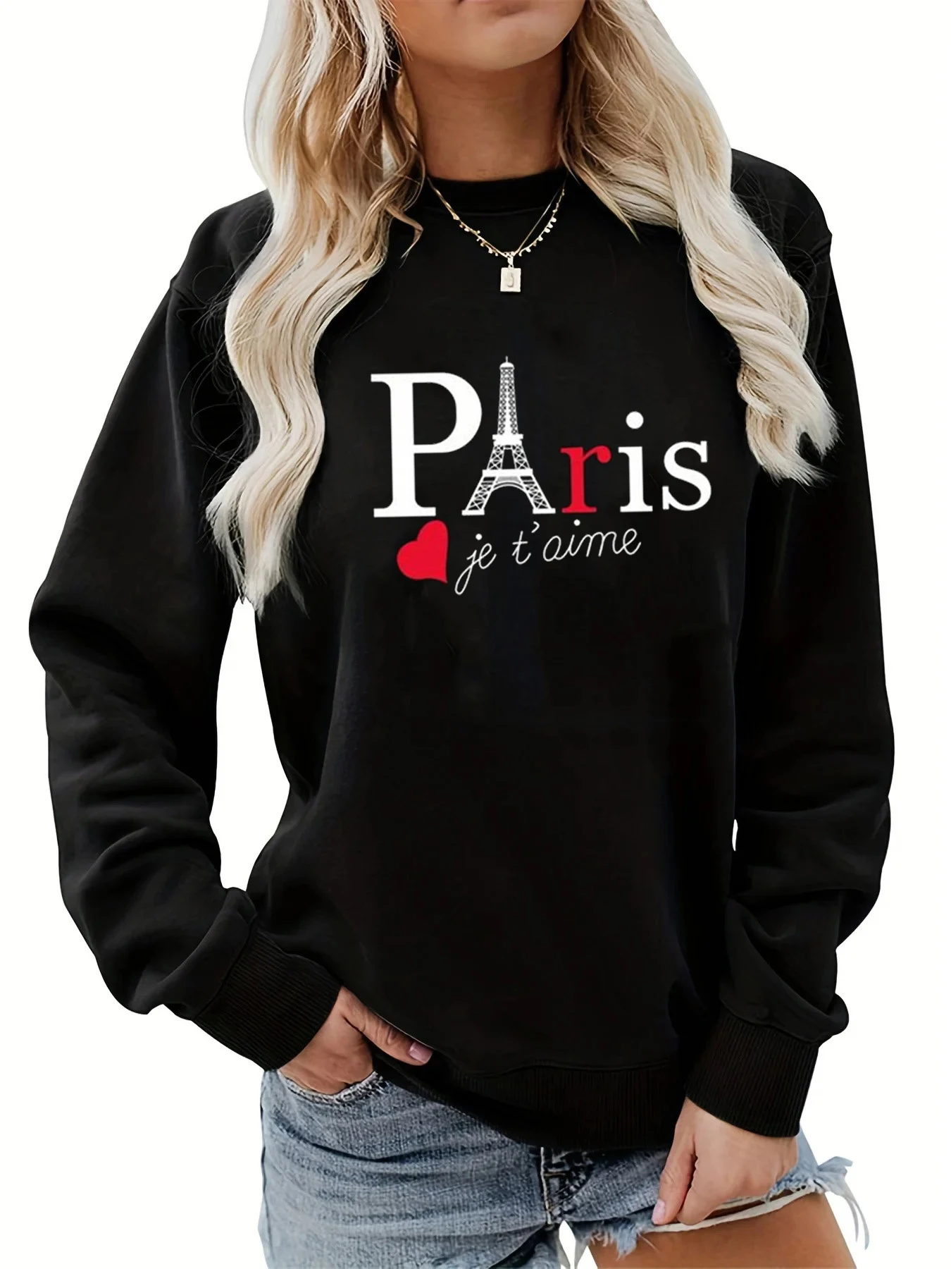 Women's Autumn and Winter Casual Loose, Comfortable and Warm Paris Pattern Printed Round Neck Long Sleeved Pullover