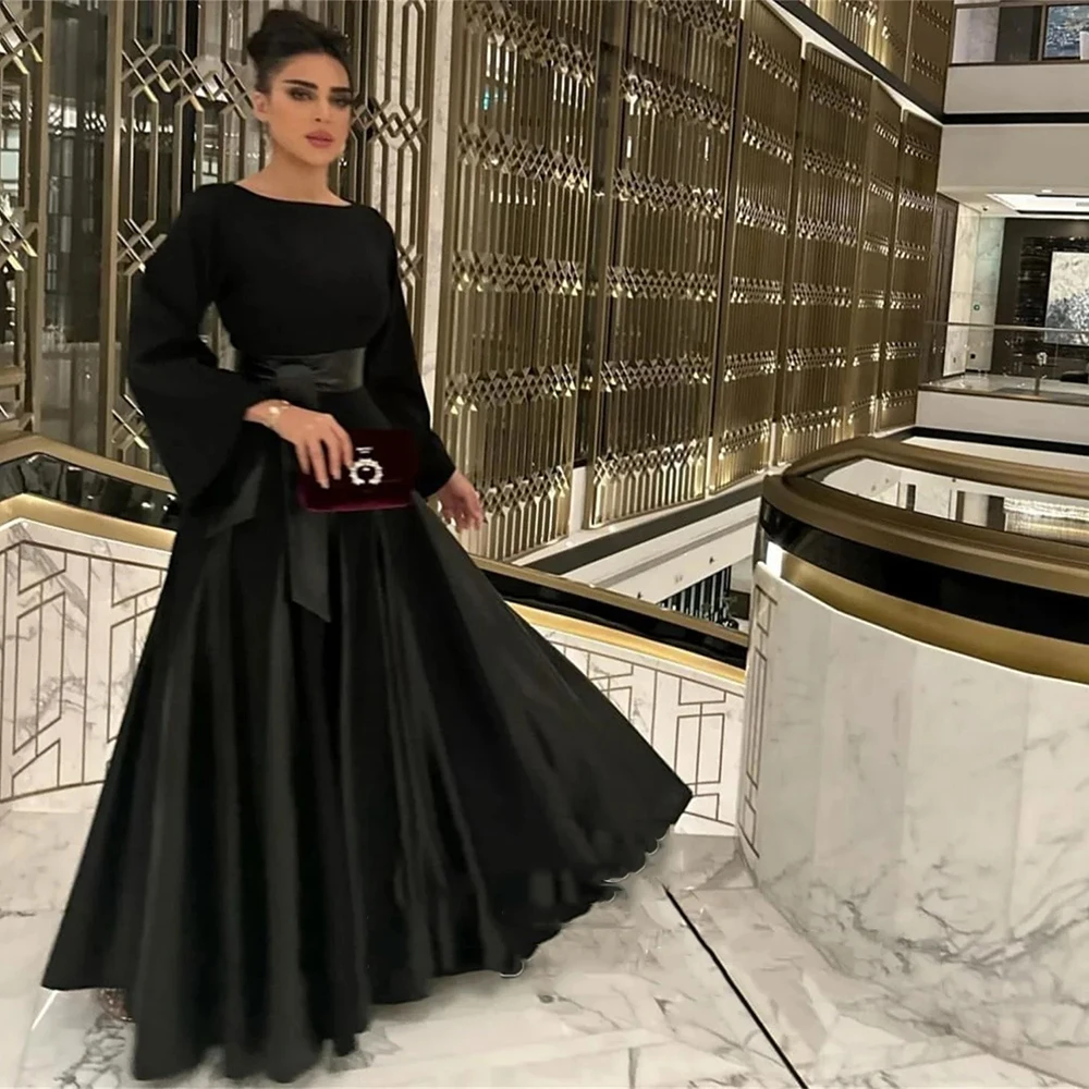 Customized Fashion Black Jersey Formal Evening Dresses Draped A-line O-neck Full Sleeves With Back Zipper Party Prom Gowns