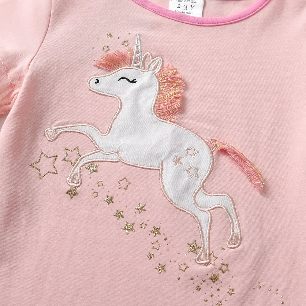 DXTON Toddler Baby Girls Clothes Summer Short Puff Sleeve Kids T Shirt Unicorn Print Tops Applique Children  Tees For Girls 3-8Y