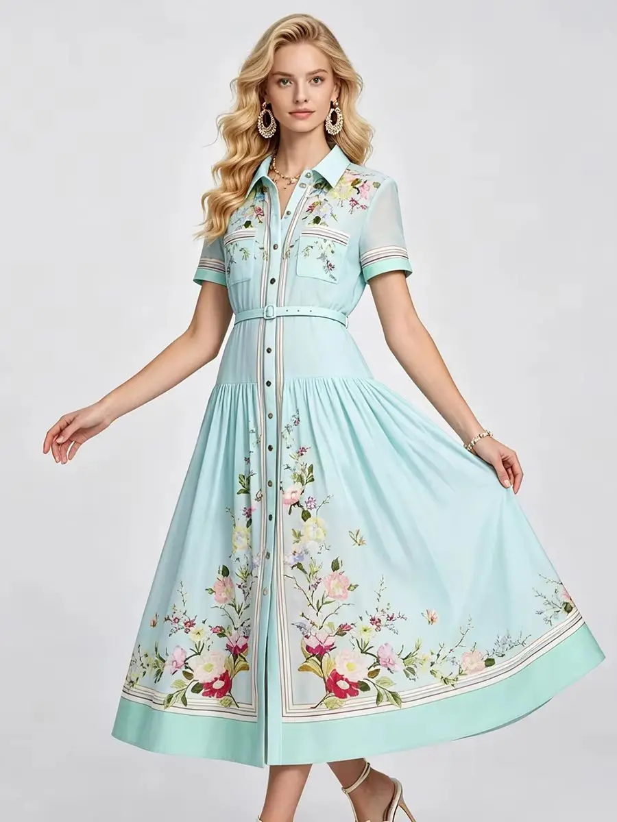 

Elegant Floral Printted Summer Dresses Women Short Sleeve Single Breasted Shirt Collar A Line Midi Dress Vacation Vestidos