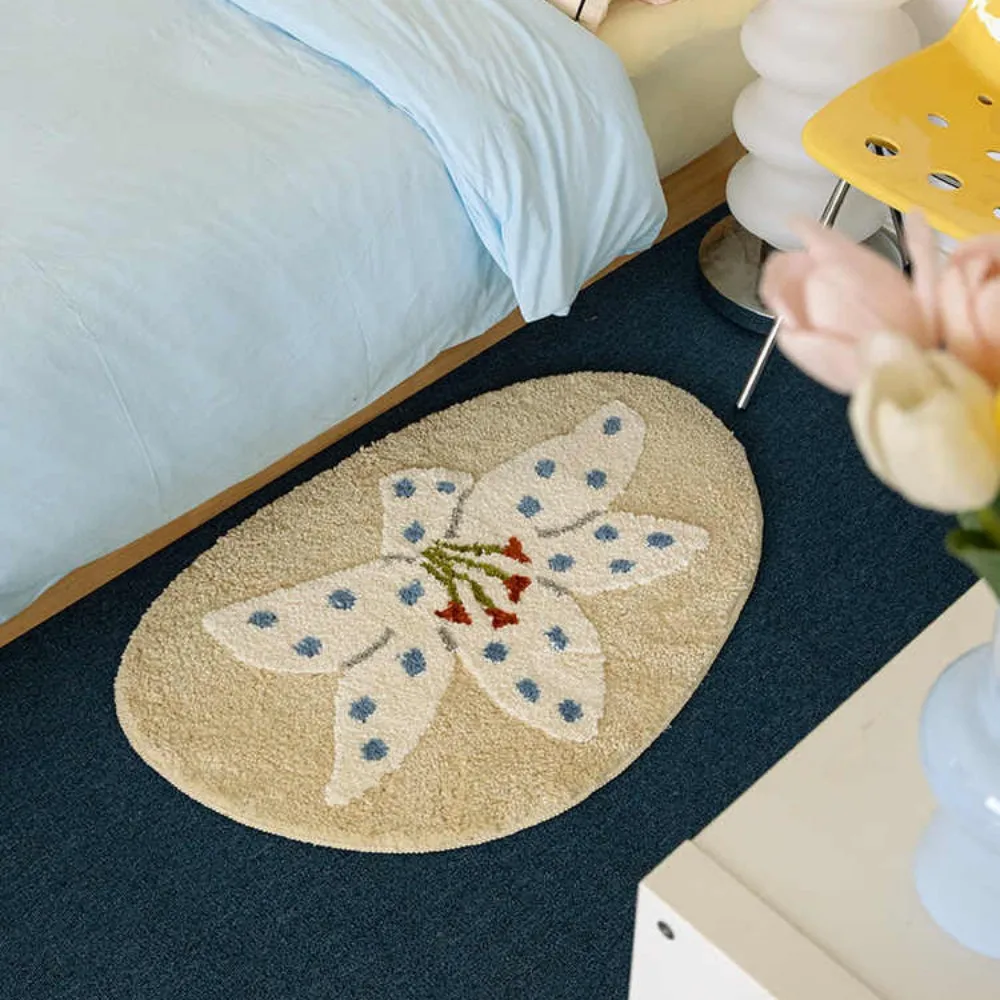 VIKAMA Elliptical Floral Bedroom Rug Off White Background With Blue Petals And Red Stamen Pattern Decorat Floor Mat Home Decor