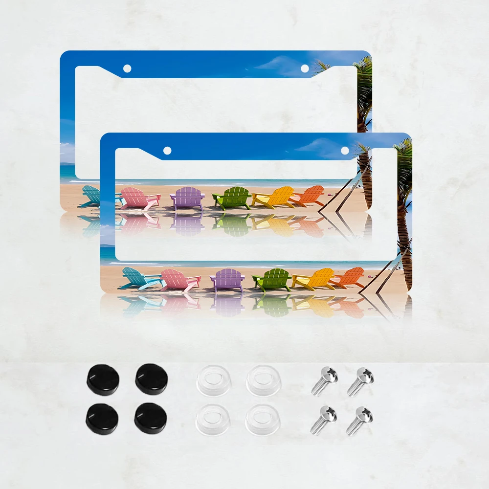 الأزرق الشاطئ المشهد 2-Hole إطار لوحة الرخصة الألومنيوم 6x12 بوصة مع مسامير مجموعة الكرتون متعة سيارة ديكور هدية الولايات المتحدة الحجم القياسي #2
