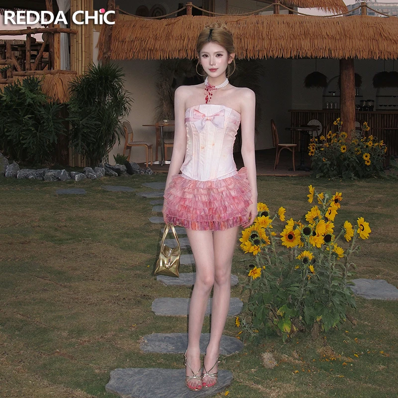 

ReddaChic Cute Strapless Tube Cake Skirt Set Women Boned Corset Bow Top Elastic Waist Layered Ruffle Mini Skirt Lolita Clothes