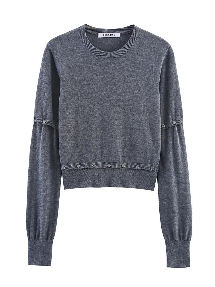 Estilo europeu nova moda feminina versátil temperamento botão decoração destacável em torno do pescoço manga longa topo de malha