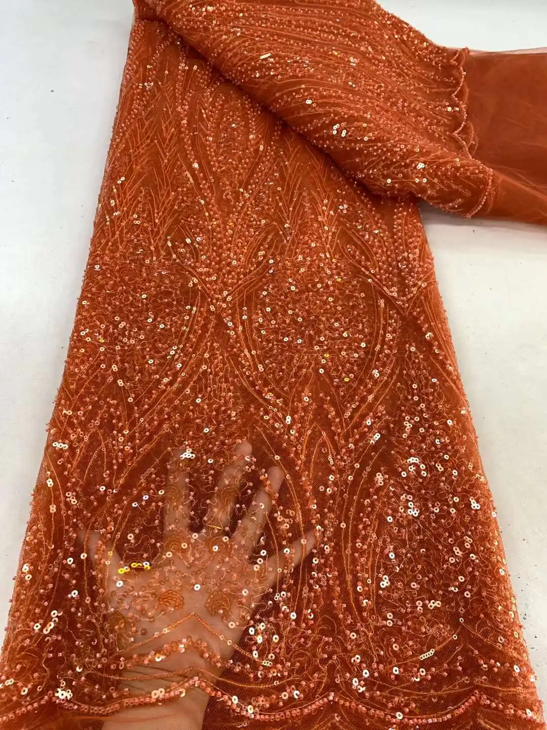 Luxury Orange African Lace Fabric 5 Yards 2024 High Quality Embroidered French Sequin Beads Tulle Nigerian Party Material Dress