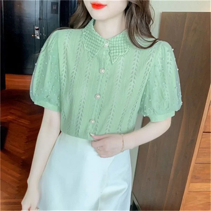 Women Spring Summer Style Lace Blouses Shirts Lady Casual Short Puff Sleeve Turn-down Collar Beading Decor Blusas Tops GD118