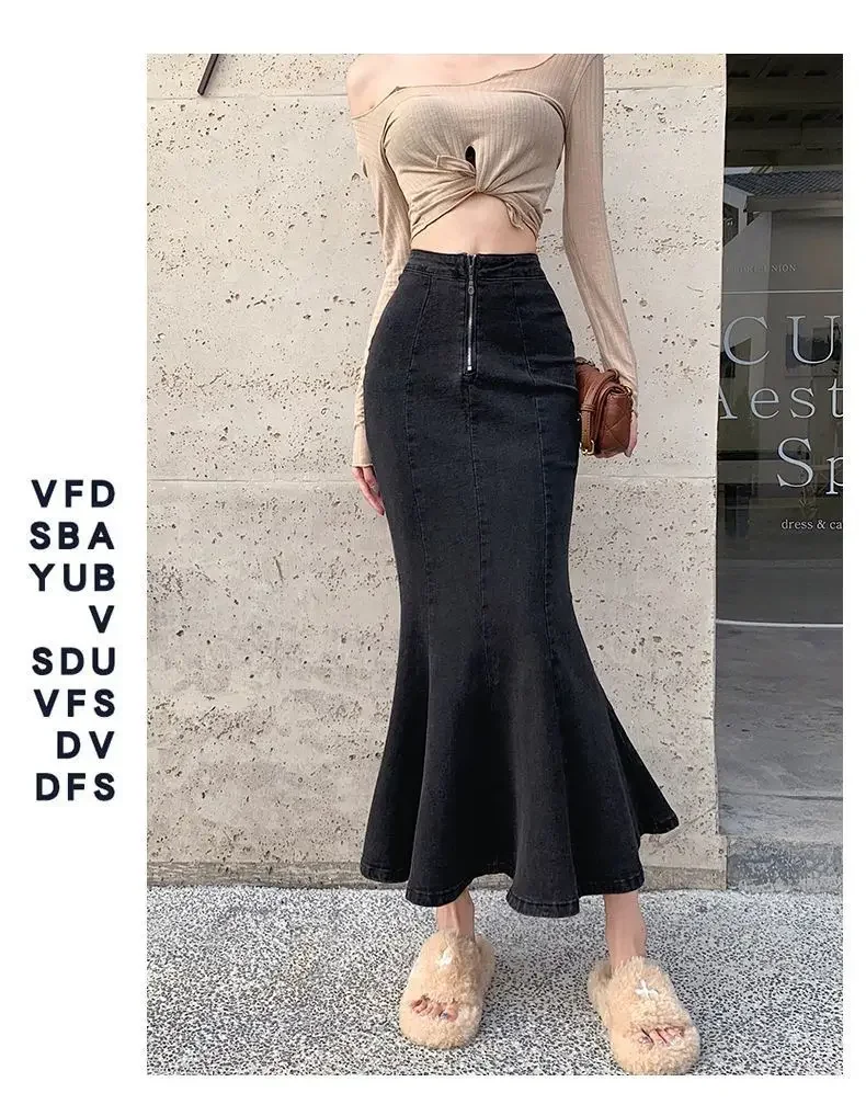 2026 Solid Slimming High Waist Midi A- Line Skirt Woman Trumpet Sides for Women Denim Half-length Skirt with Flounce