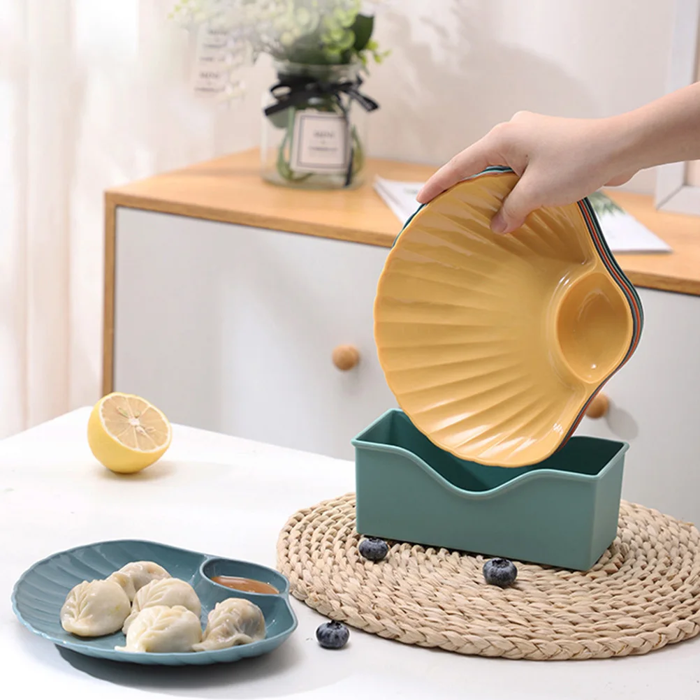 Platos con forma de concha con sección de inmersión para Sushi, dumplings, patatas fritas, salsa de frutas, plato para servir, tazones de almuerzo de plástico reutilizables, 4 Uds.