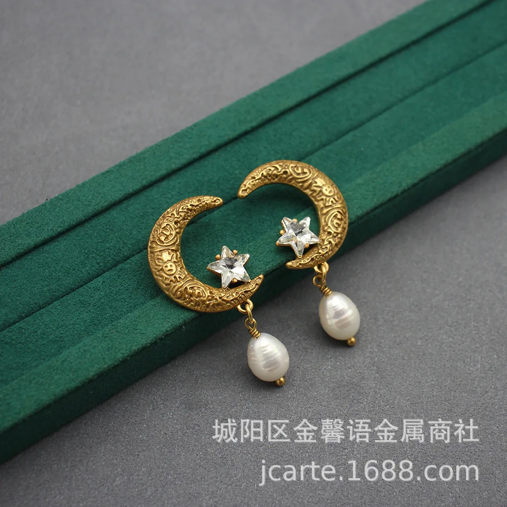

Vintage Style Earrings Star Moon Studs Electroplated Jewelry Baroque Pearls