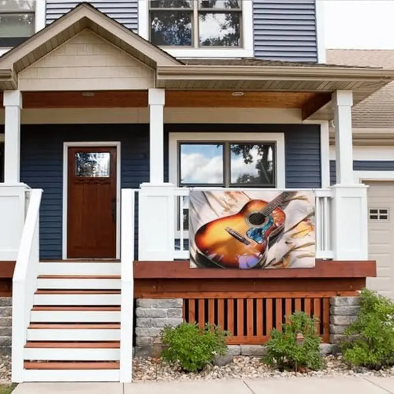 VIKAMA Acoustic Guitar Porch Display Wall Tapestry Sunset Sunburst Wooden Musical Instrument Realistic Photo Bedroom Living Room
