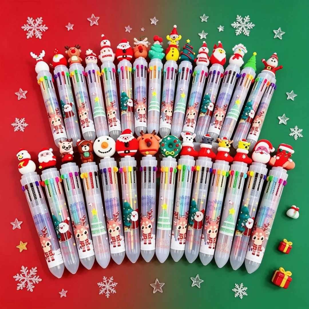 12-36Pcs Cute Christmas 10 Colors Ballpoint Pen, Santa Elk Tree Multi‑Color Retractable Pen Xmas Stationery Gift