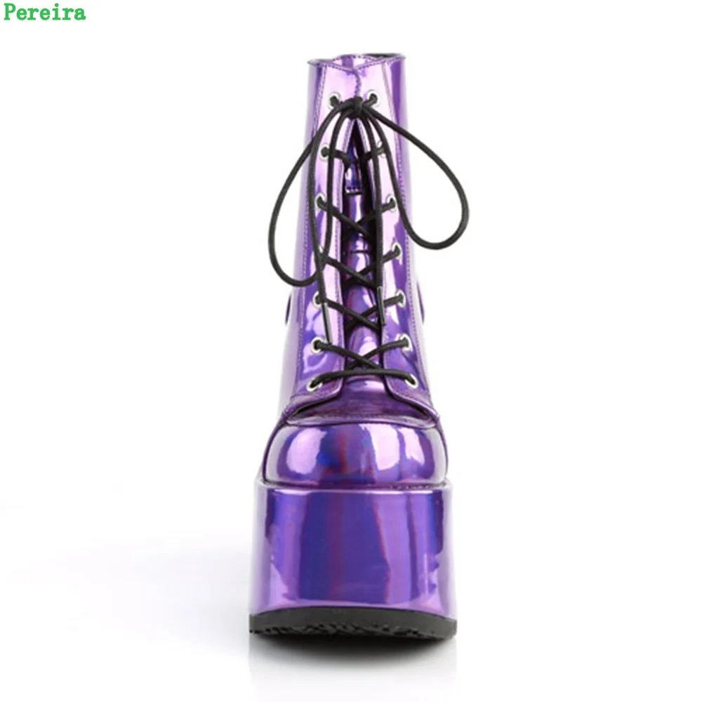 Shiny Purple Ankle Boots Women's 2024 New Arrival Platform Round Toe Chunky Heel Cross Straps Sexy Fashion Show Party Shoes