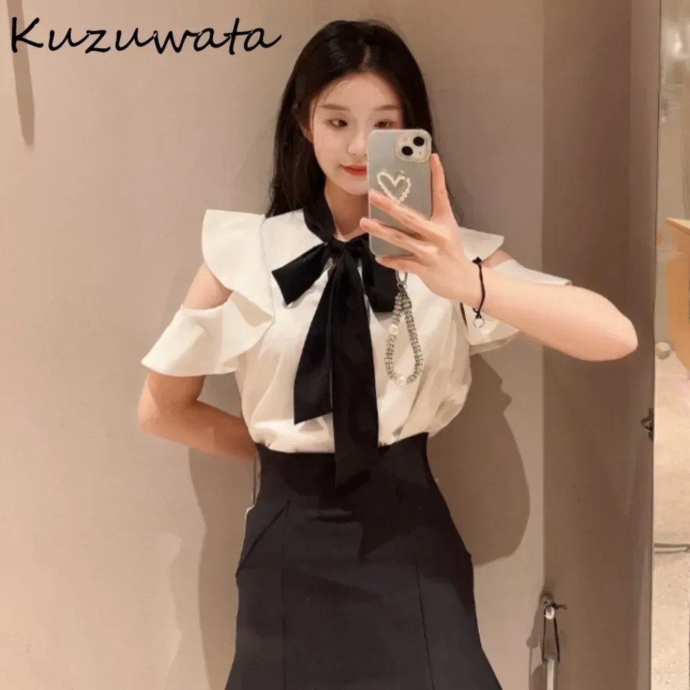 Kuzuwata Temperament O Neck Butterfly Sleeve Sweet Blouses Chiffon Lace Up Bow Panelled Blusas Japan New Ruffles Lovely Shirts