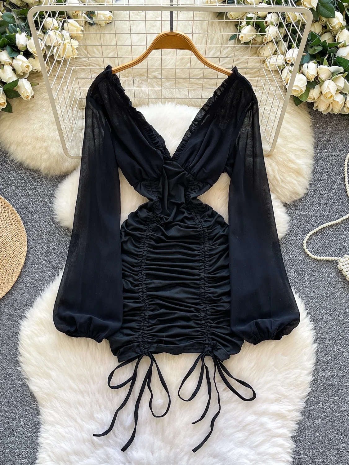 Ele Bla V-ne Long Sve ahueca hacia fuera la cintura fruncida que adelgaza el viaje Dr French Sle cintura alta fibra de poliéster