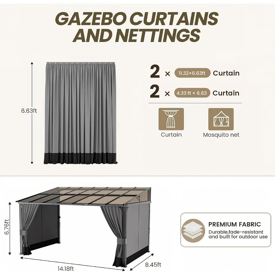 10'x14' Outdoor Gazebo Curtains, 4 Panels Waterproof Universal Replacement Pergola Sidewalls Curtains, Privacy Cover with Doubl