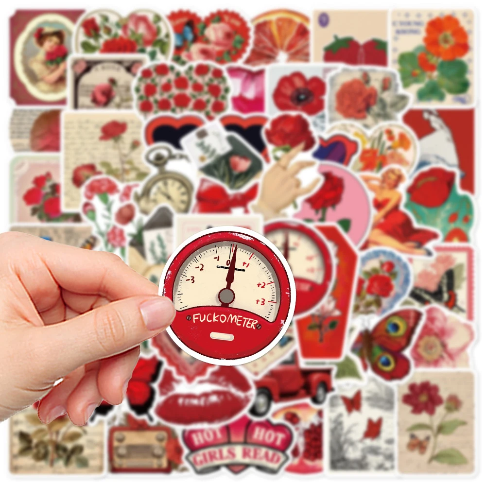 10/30/50pcs 만화 장미 꽃 스티커 레트로 레드 미적 낙서 데칼 DIY 노트북 전화 가방 스티커 장식 선물