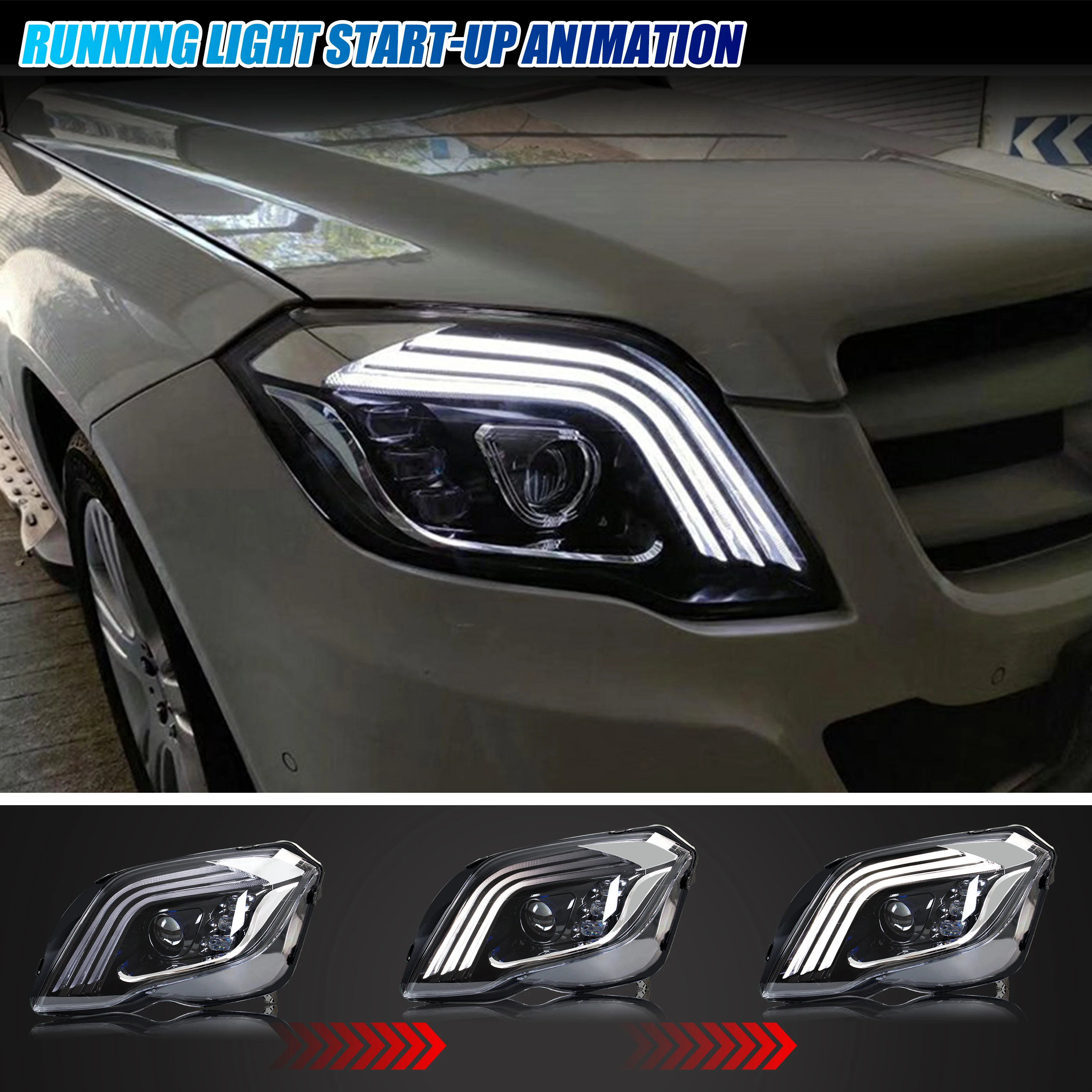 المصابيح الأمامية LED لمرسيدس بنز GLK350 GLK300 GLK250 X204 2013-2015 DRL العارض متتابعة بدوره إشارة مجموعة المصابيح الأمامية