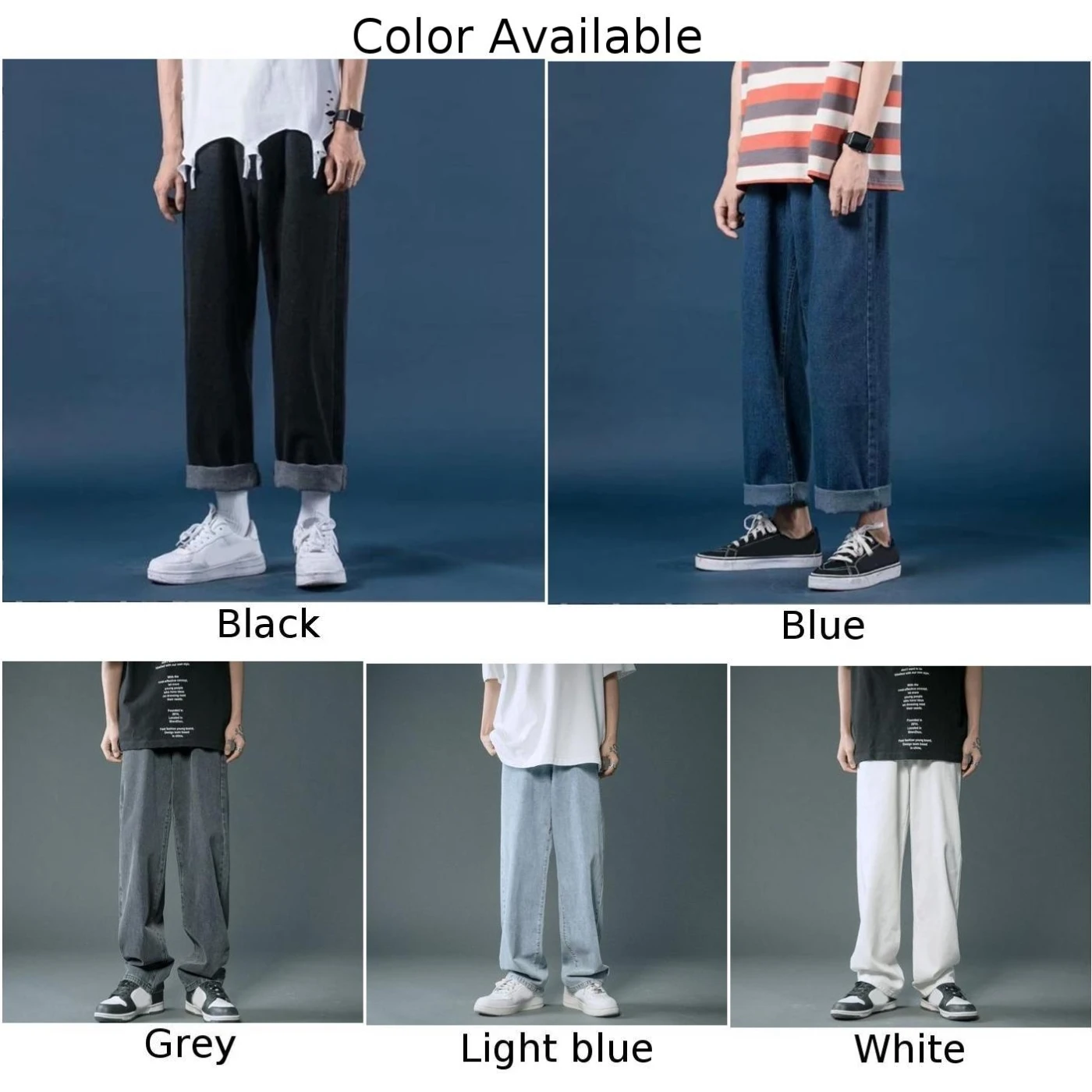 Celana lurus longgar pria, bawahan jins warna polos, pakaian jalanan Hip Hop musim panas