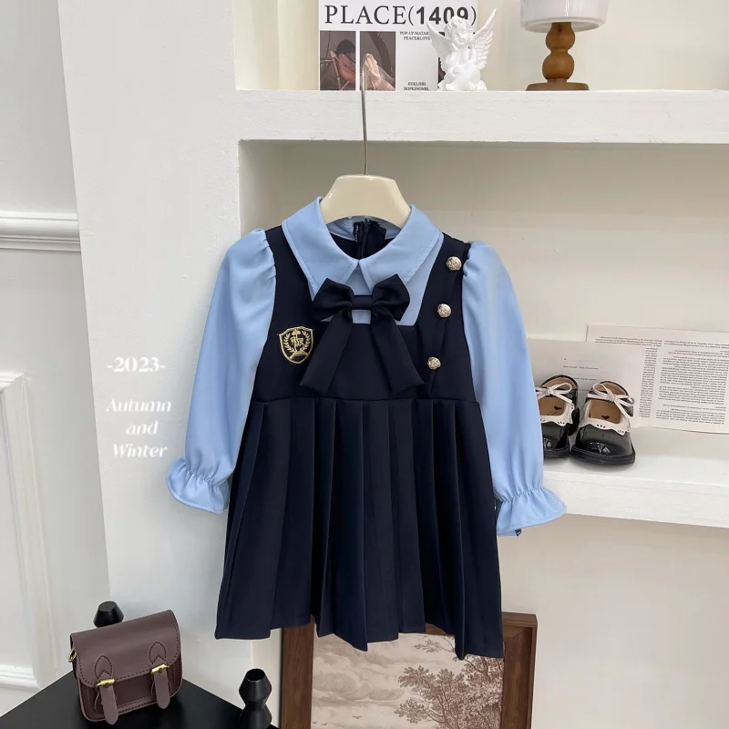 

Girl's long-sleeved dress Girl Preppy Style Shirt Collar Pleated Skirt23318