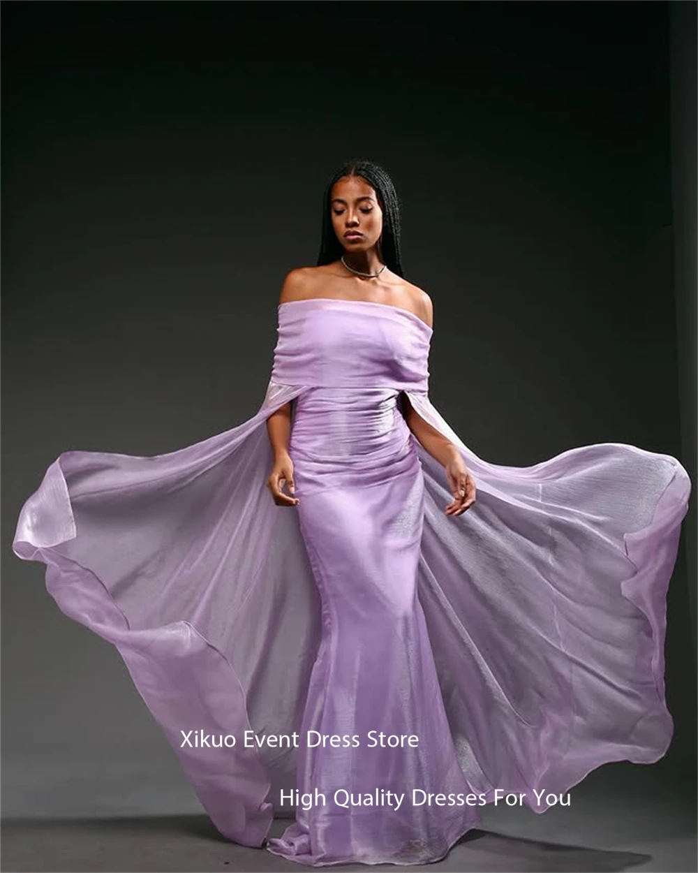 Xikuo Fashion Purple Organza Evening Dresses Mermaid Off The Shoulder Party Prom Gowns Summer Pleated Robe De Soirée Customized