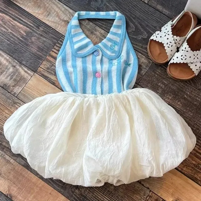 

Girls Summer Outfit Fashion New Blue Stripes Doll Collar Knitted Top + White Puffy Flower Shorts 2-Piece Set for Kids