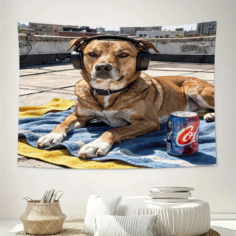 Vintage Cool Dog With Headphones Tapestry Rooftop Animal Wall Hanging For Bedroom Living Room Home Decor Background Cloth