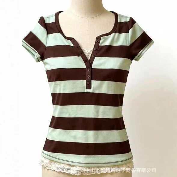 Women's T-Shirts And Polos Casual V Neck Short Sleeve Striped Color Block Lace Trim Fitted Regular Length Women T-Shirt Brown