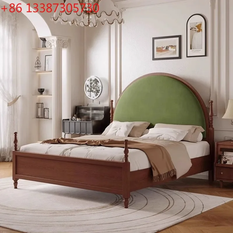 

Французская ретро-кровать из массива дерева для главной спальни, двуспальная кровать в американском средневековом стиле с мягким изголовьем.