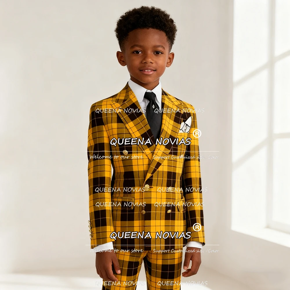 Traje clásico a cuadros para niños, chaqueta con doble botonadura, pantalones, esmoquin de fiesta para niños, chaqueta personalizada para graduación, 2 piezas
