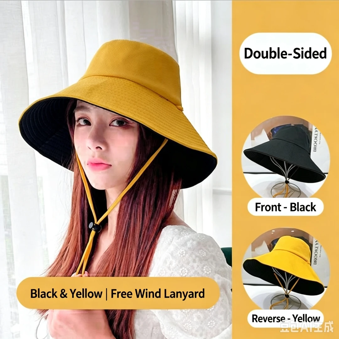 Double-Sided Solid-Color Fisherman Hat for Women Fashionable Hat for Spring and Summer Large brim Hat for Sun Protection