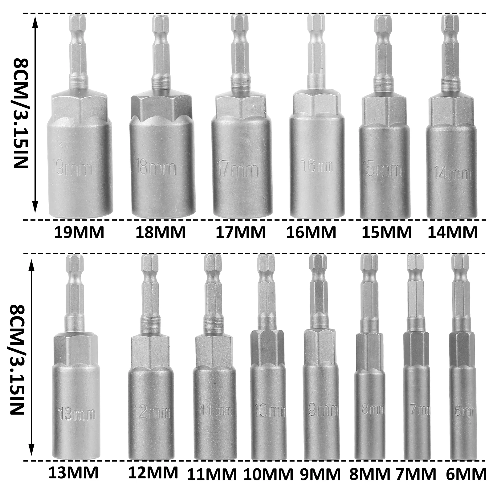 ディープソケットアダプターのセット,6〜19mm,14個,六角シャンク,ナット,ドリルビット,磁気六角形ソケットセット