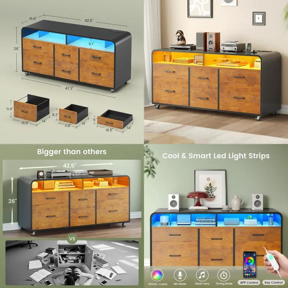 

47 Rustic Brown Wood Lateral File Cabinet with Power Strip, Storage Shelves, and LED Lights for Legal/Letter/A4 Documents