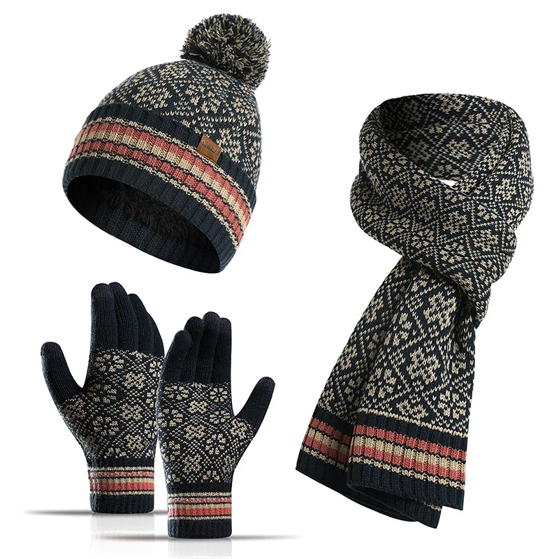 Women Winter Keep Warm Set Fleece Lining Beanie Telefingers Gloves Thicken Scarf Christmas Hat Snow Design Neckerchief 3 Pieces