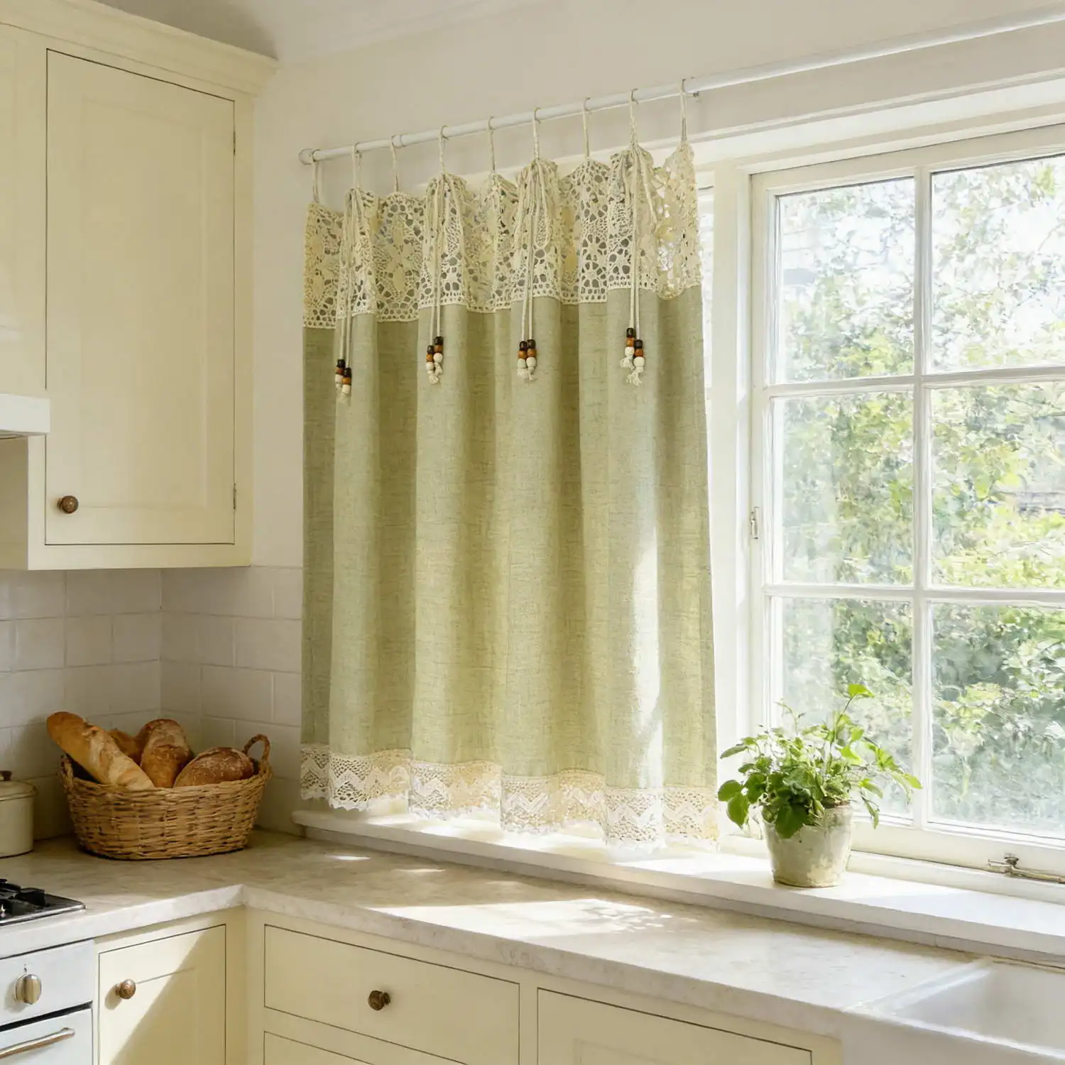 Vintage Country Crochet Lace Linen Cafe Curtain with Wooden Bead Tie Top Semi Sheer Farmhouse Kitchen Short Window Drape Decor
